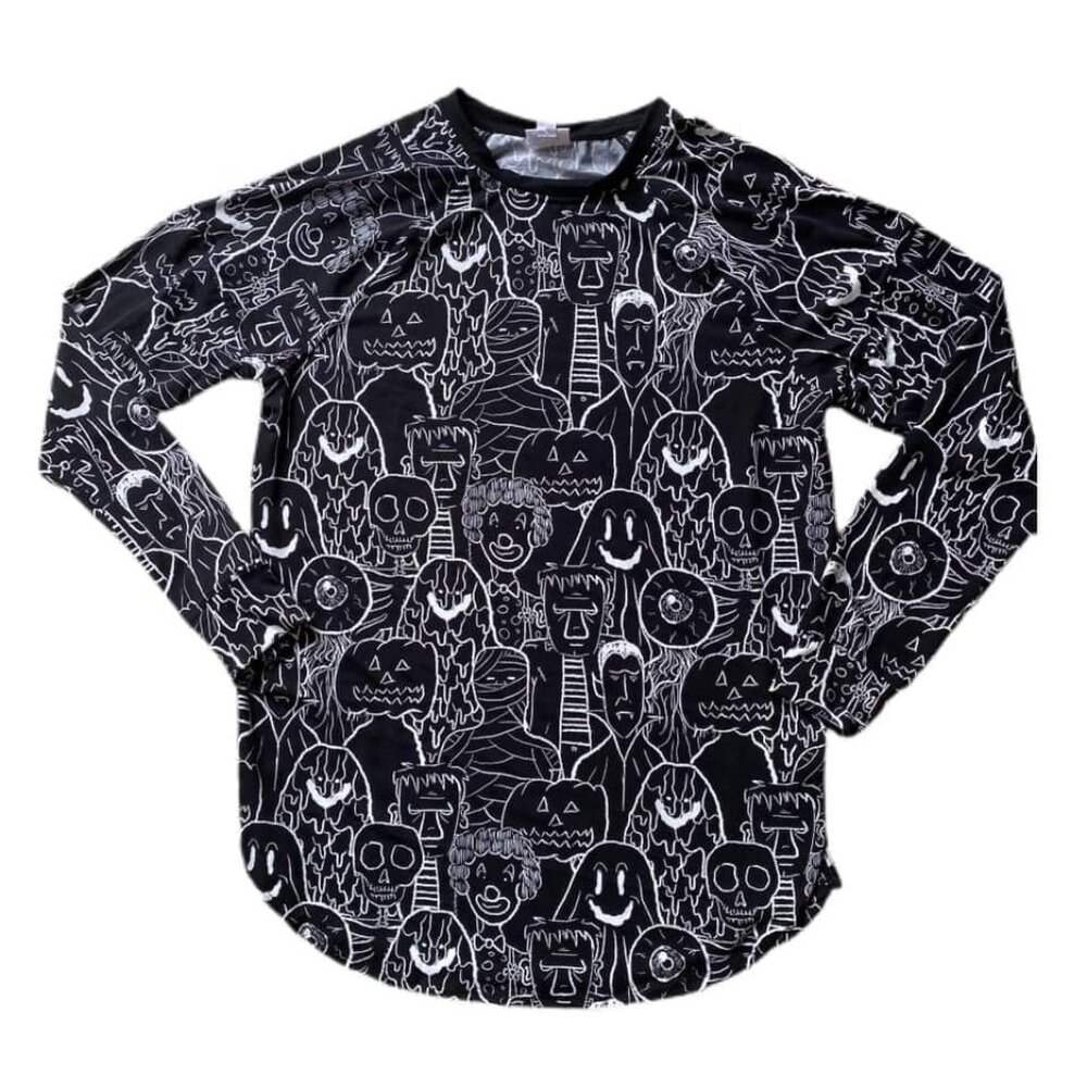 NEW 2XL LuLaRoe Erin Unisex Raglan Long Sleeve‎ Top White Monster Black Splatter